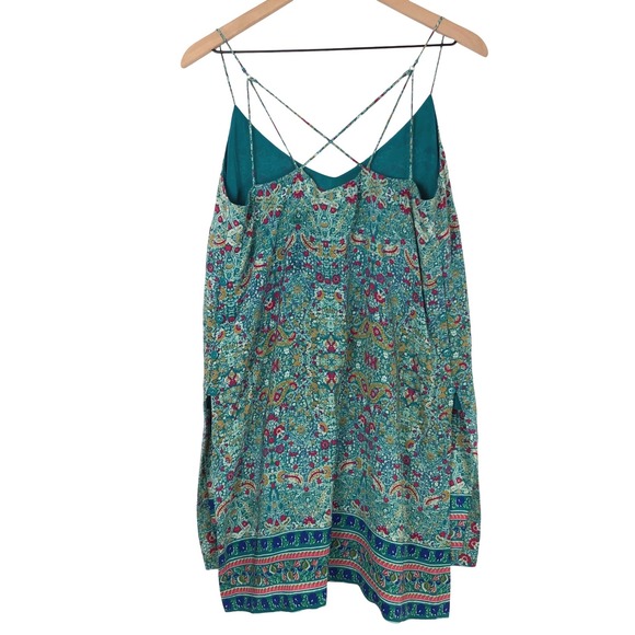MAEVE Anthropologie 100% Silk Paisley Strappy Tunic Top Sz 8 Teal Hi-Lo Lined - Picture 2 of 11